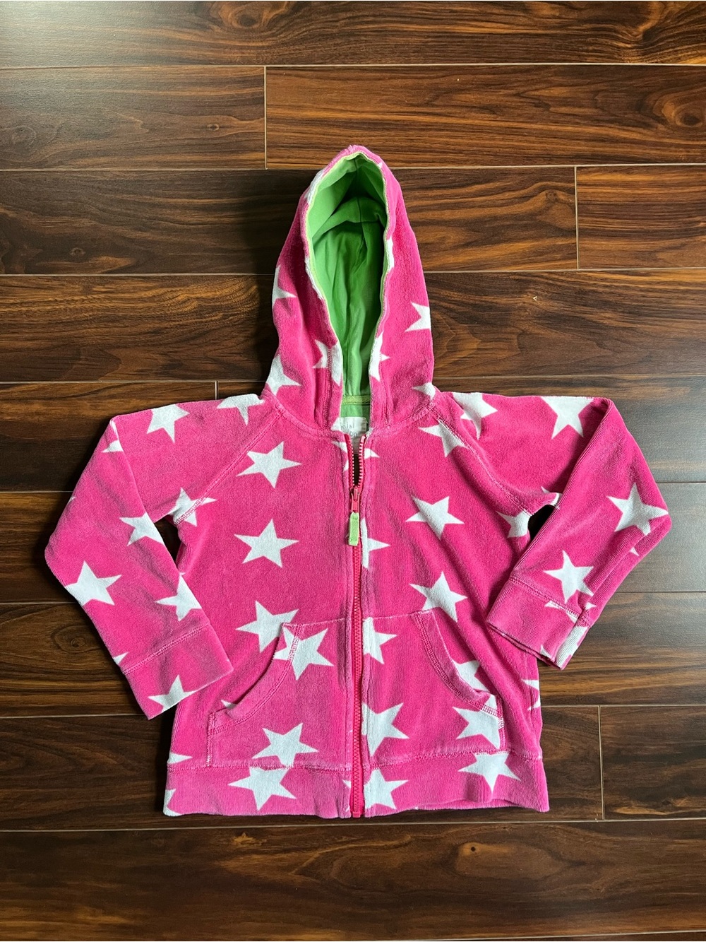 Mini Boden Girl’s Pink Star Zip-Up Terry Hoodie with Green Hood Lining, 7-8, EUC